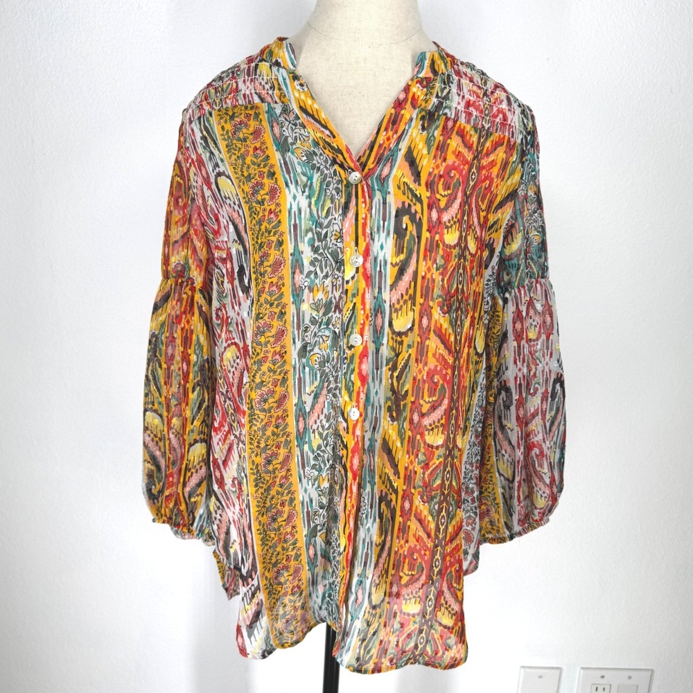 Figueroa Flower Chiffon Boho Button Top Medium Bishop Sleeves Festival Sheer
